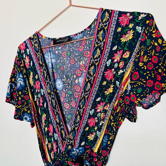 FASHION Multicolored Floral Print V-Neckline Side Slit Tropical Maxi Dress SizeL - Picture 7 of 13